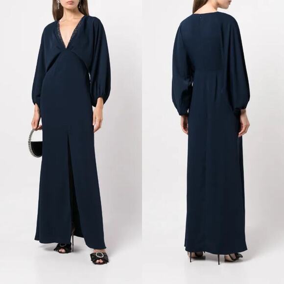 Sachin + Babi Beaded Deep V-Neck Maxi Slit Gown Navy Blue Size US 8 Formal Wear - Picture 5 of 10